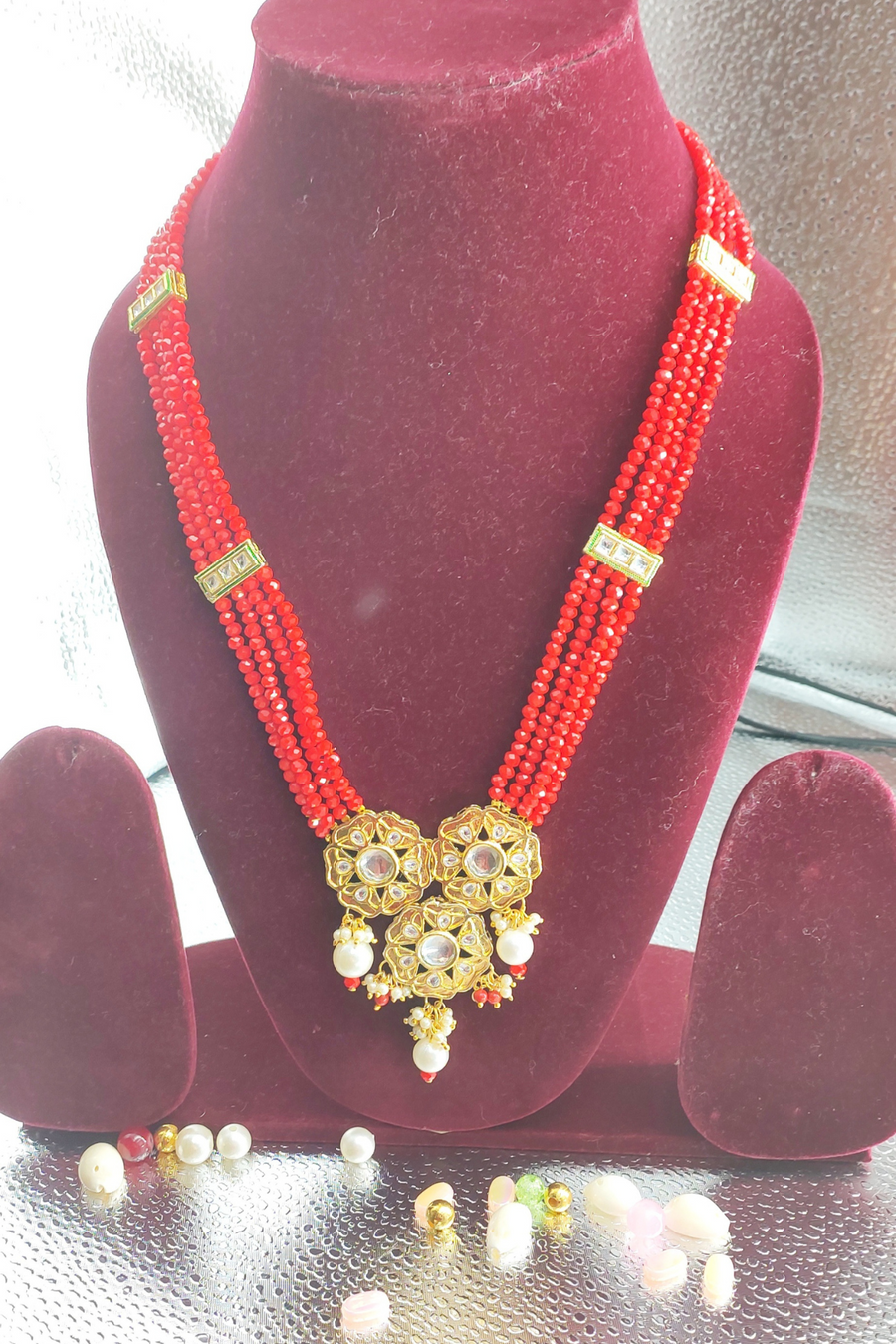 Red Crystal Beads & Kunda Long Pendent Set