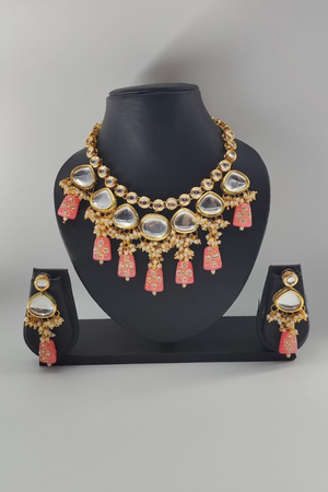 Peach kundan Studded Necklace Set