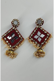 Red Fabric Mirror Jhumkas