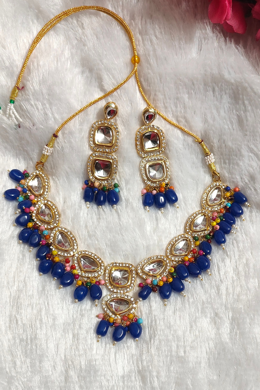 Blue Tumble Bead stone kundan Necklace Set