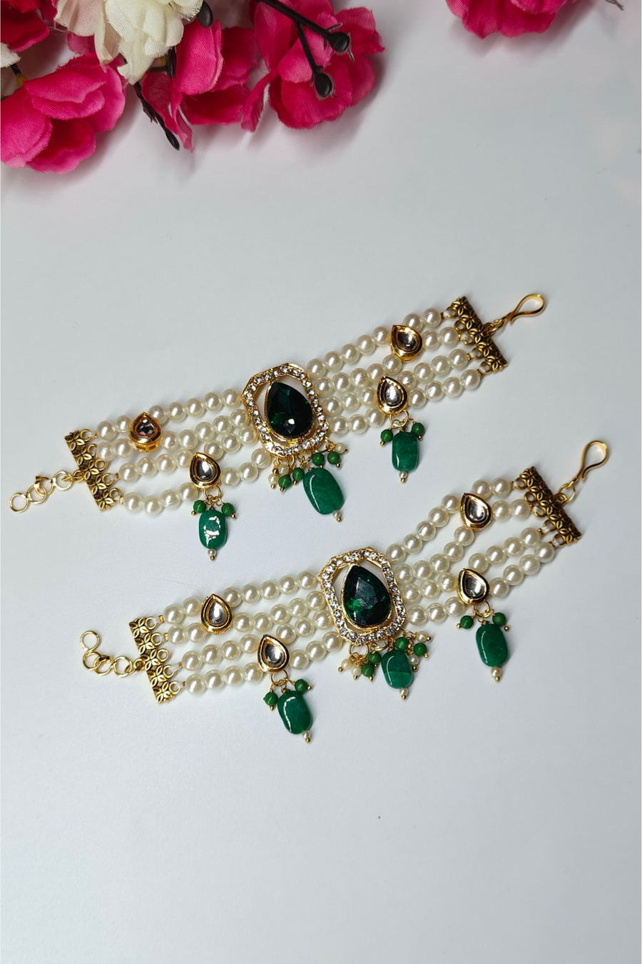 White Pearl & Green Kundan 2 Bracelet