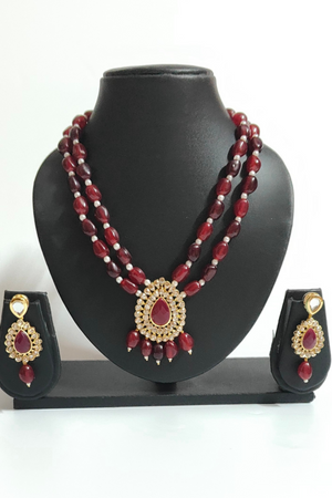 Red & Maroon Tumble Bead Stone 2 layer long Pendant Set