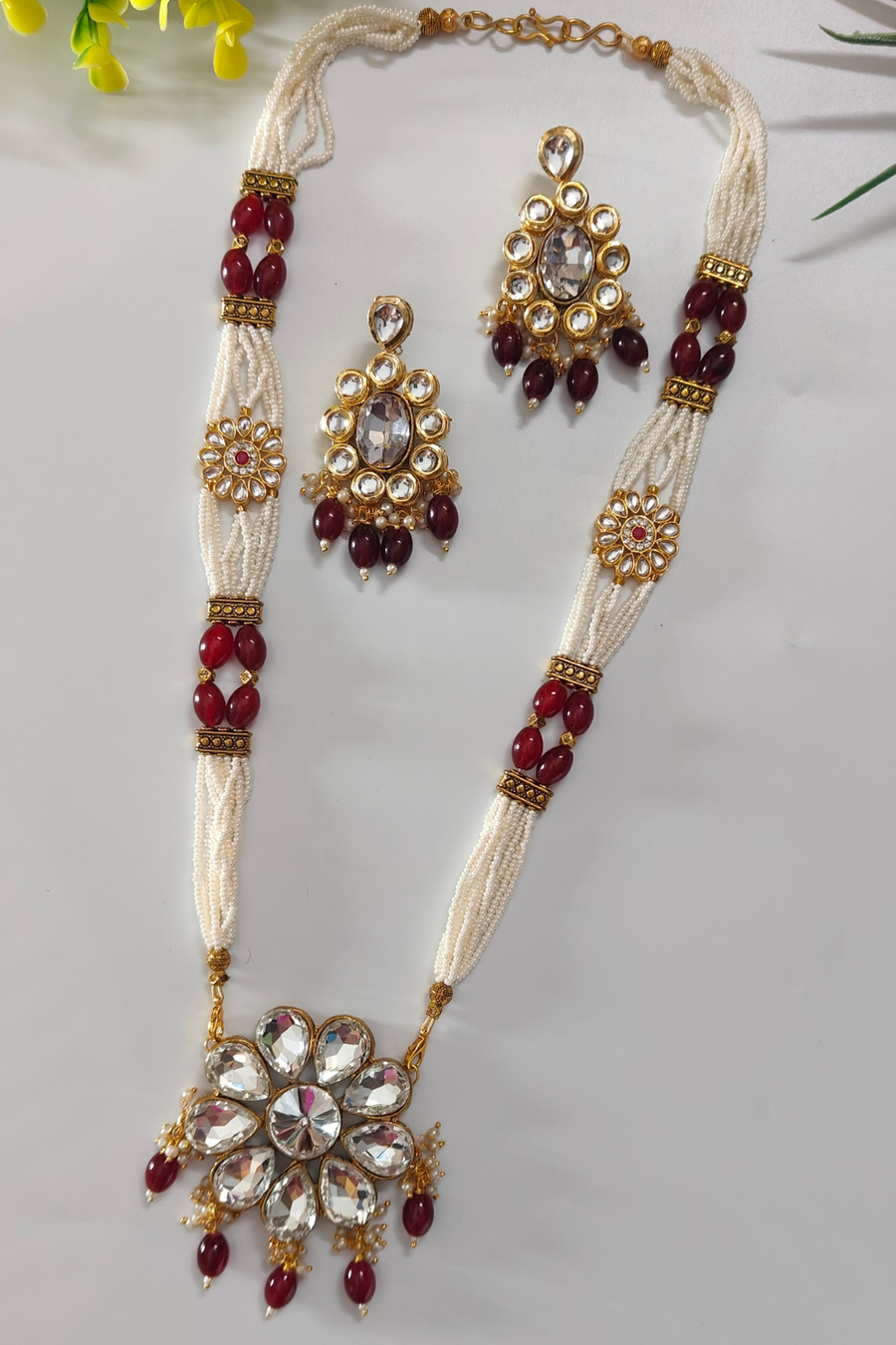 Maroon long Crystal Pendent Set